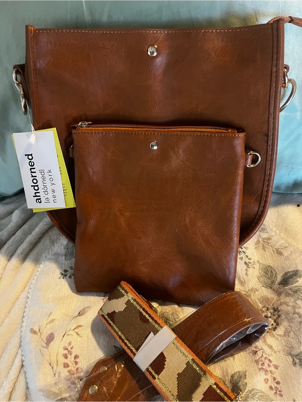 Ahdorned Vegan Leather Messenger Bag Set with Camo Strap – Cognac Brown